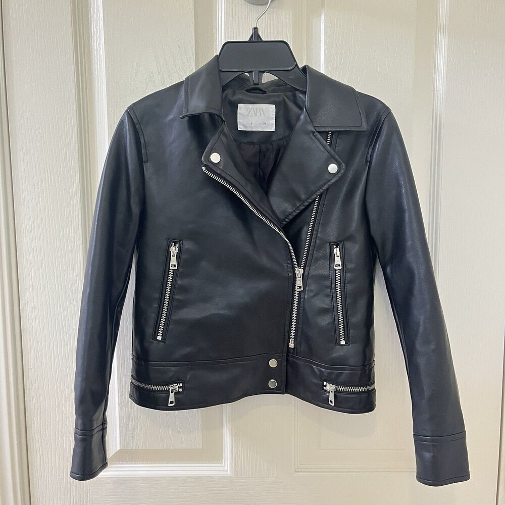Zara Girls Black Faux Leather Biker Moto Jacket Size 9 years